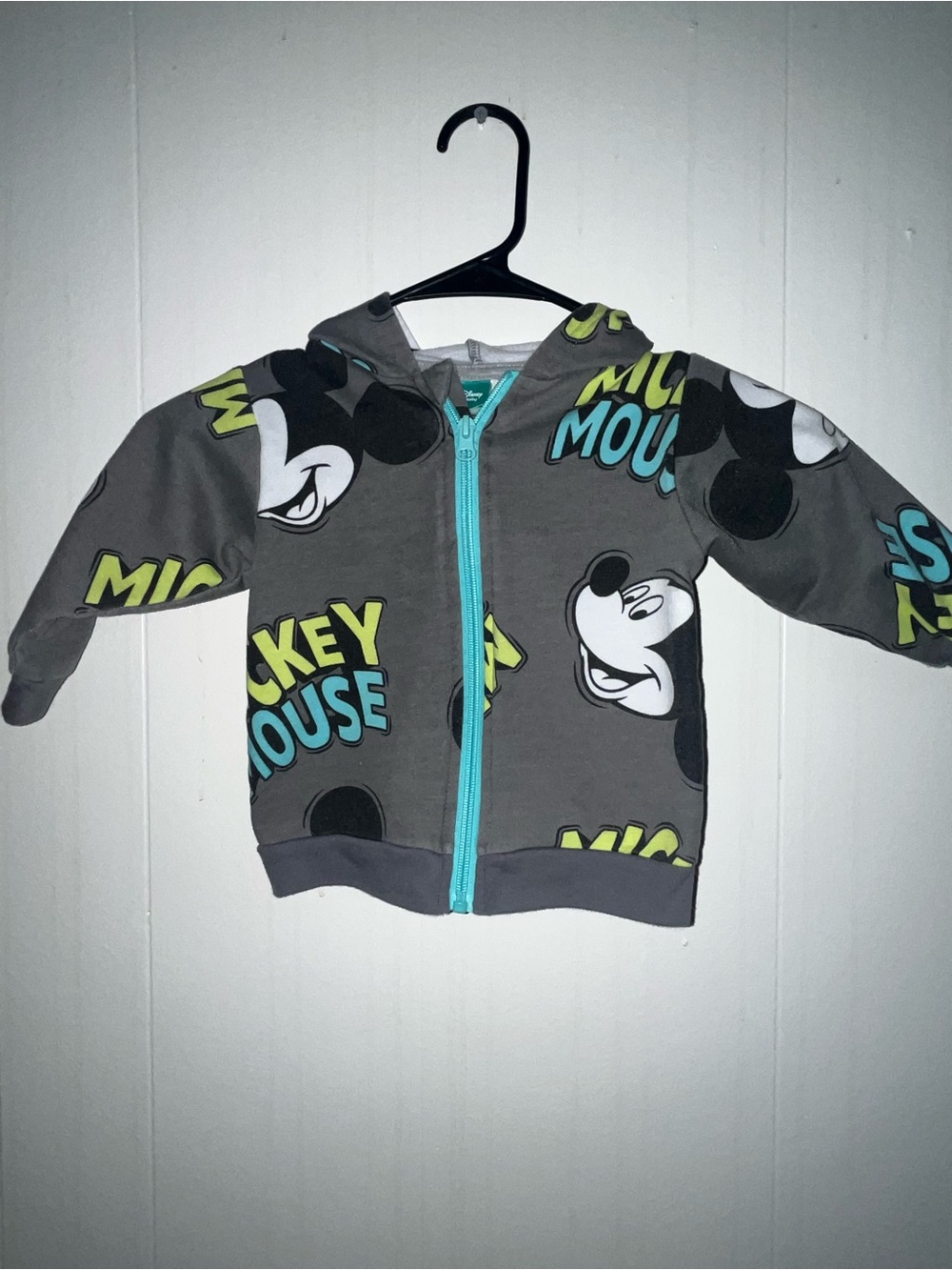 Disney Mickey Mouse Grey Hoodie with Aqua Zip and Neon Print